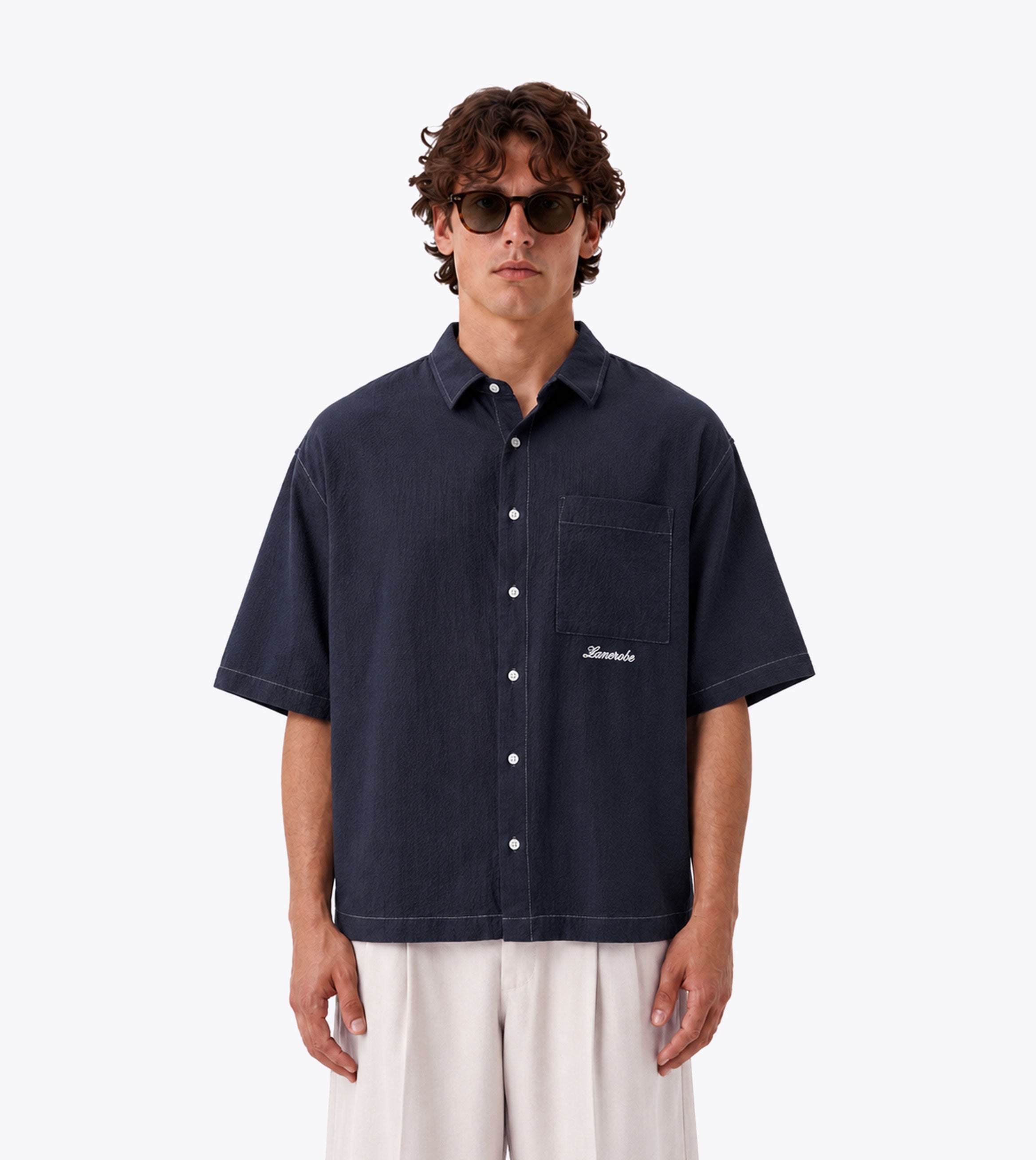 Seersucker Box Crop Shirt Navy