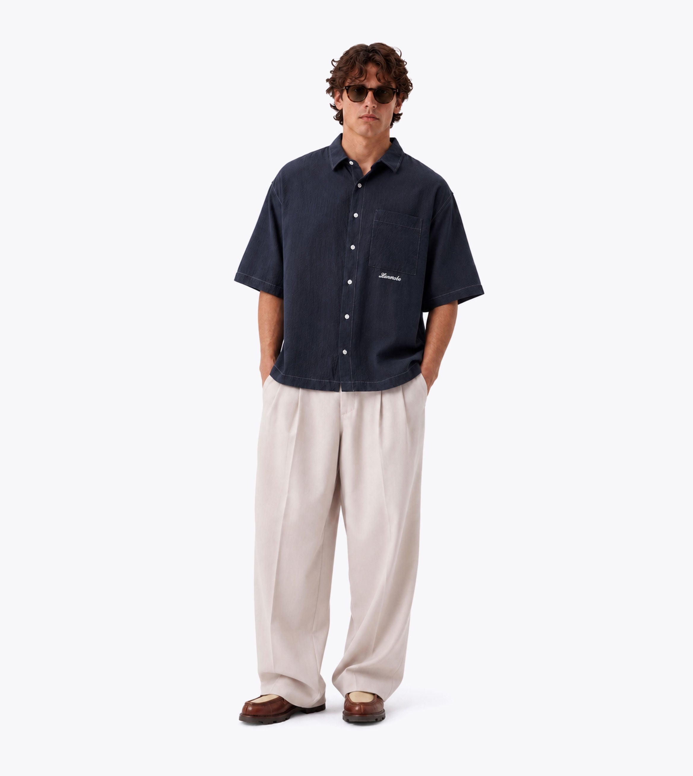 Seersucker Box Crop Shirt Navy