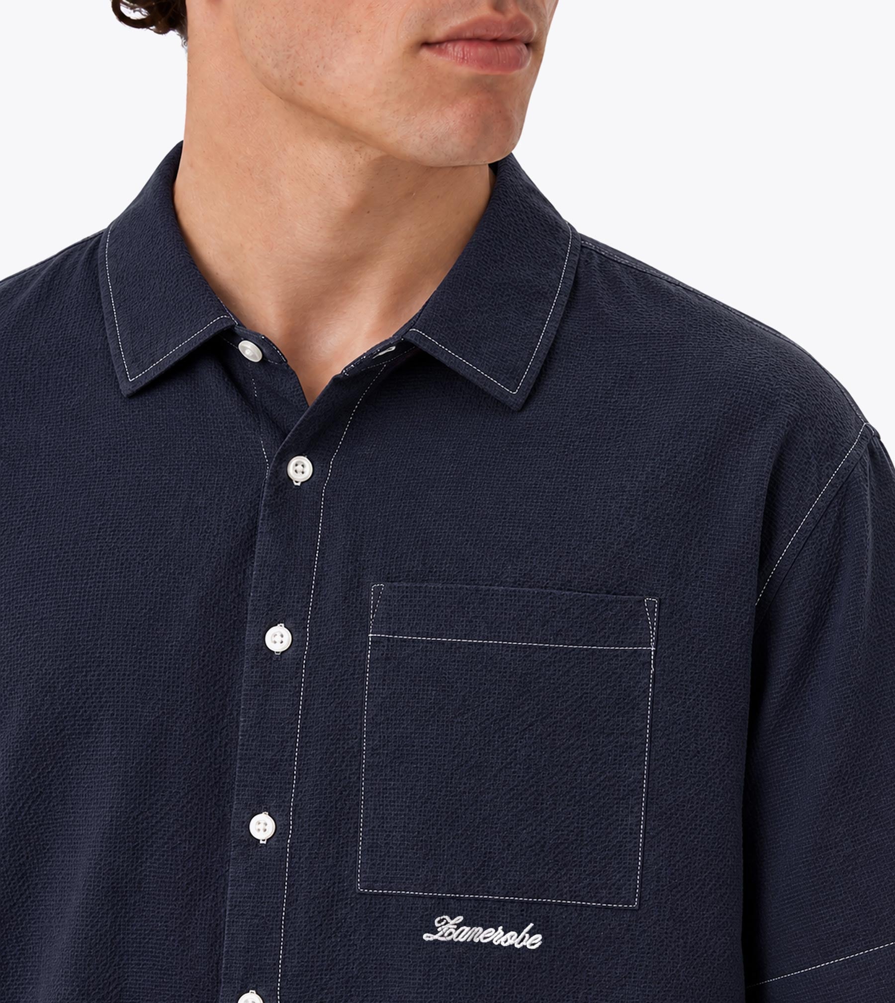 Seersucker Box Crop Shirt Navy