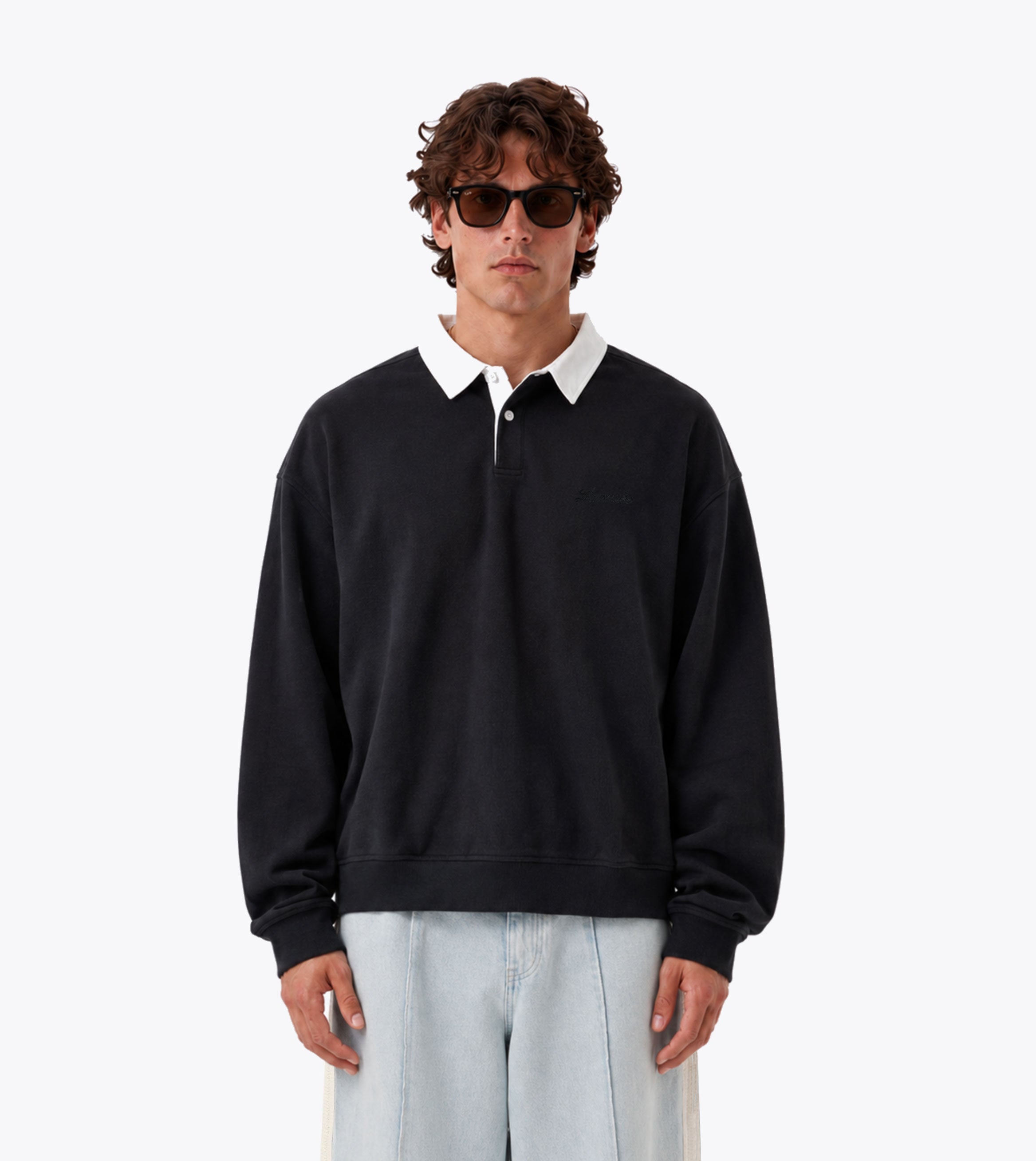 Box Crop Fleece LS Polo Vintage Black