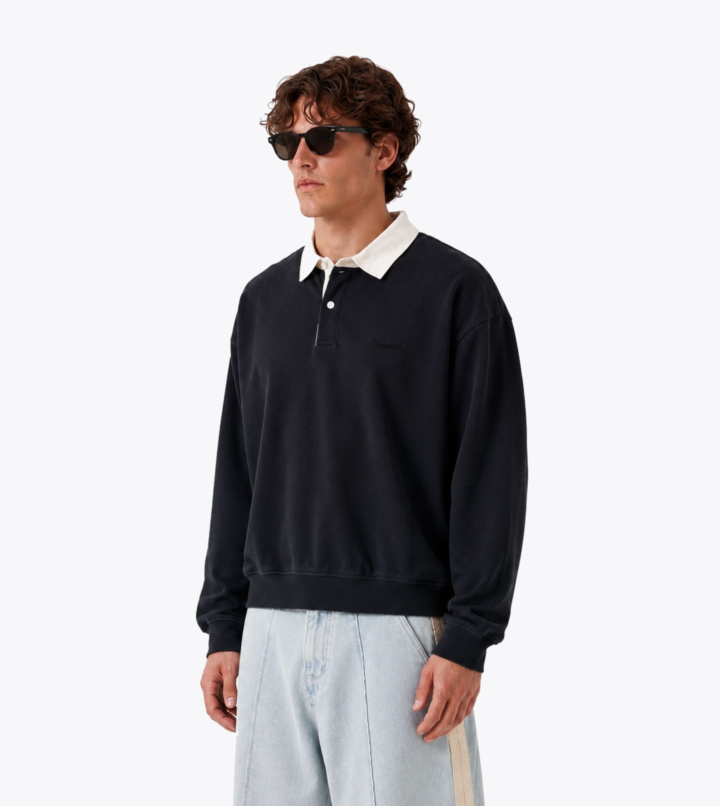 Box Crop Fleece LS Polo Vintage Black