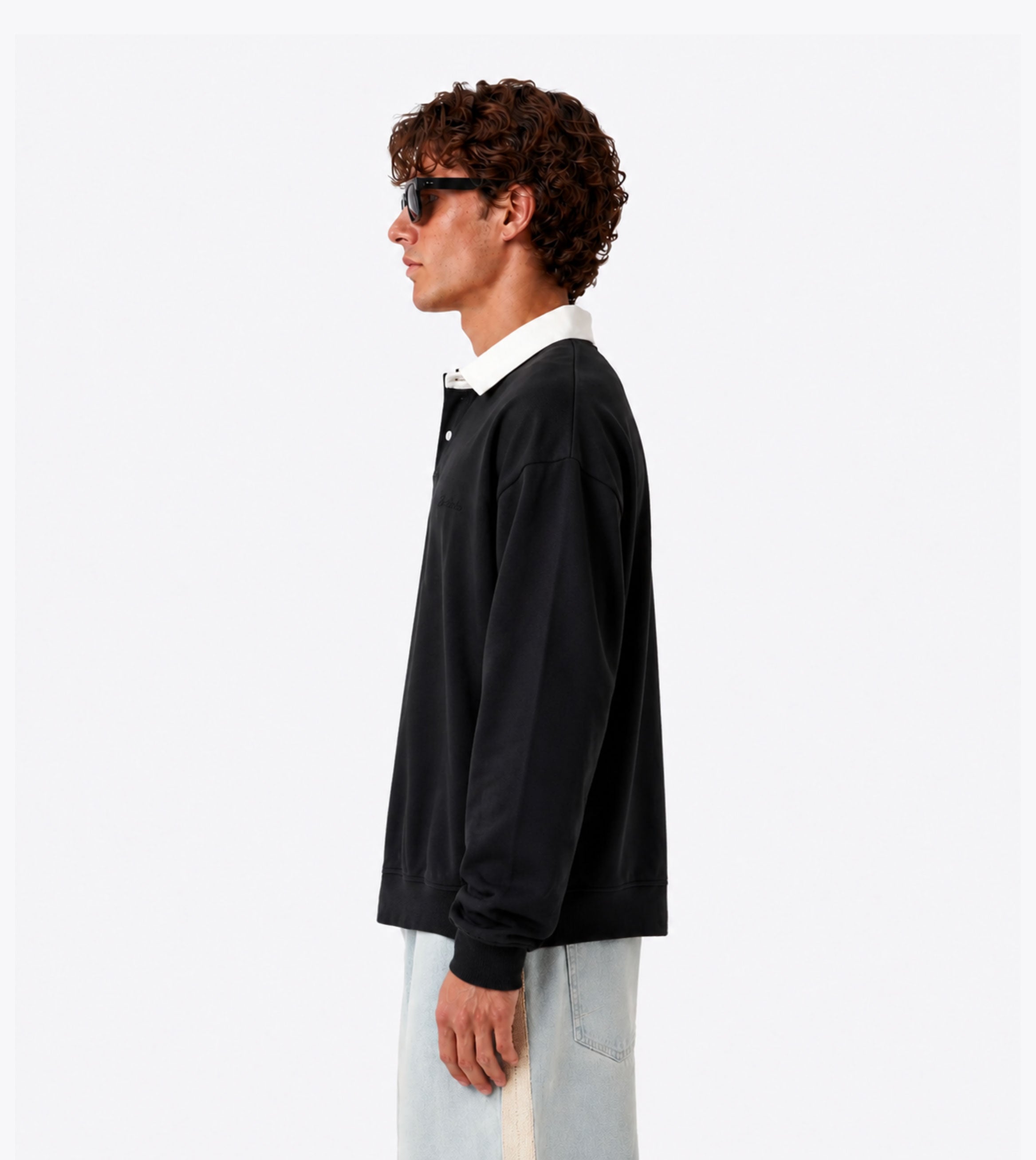 Box Crop Fleece LS Polo Vintage Black