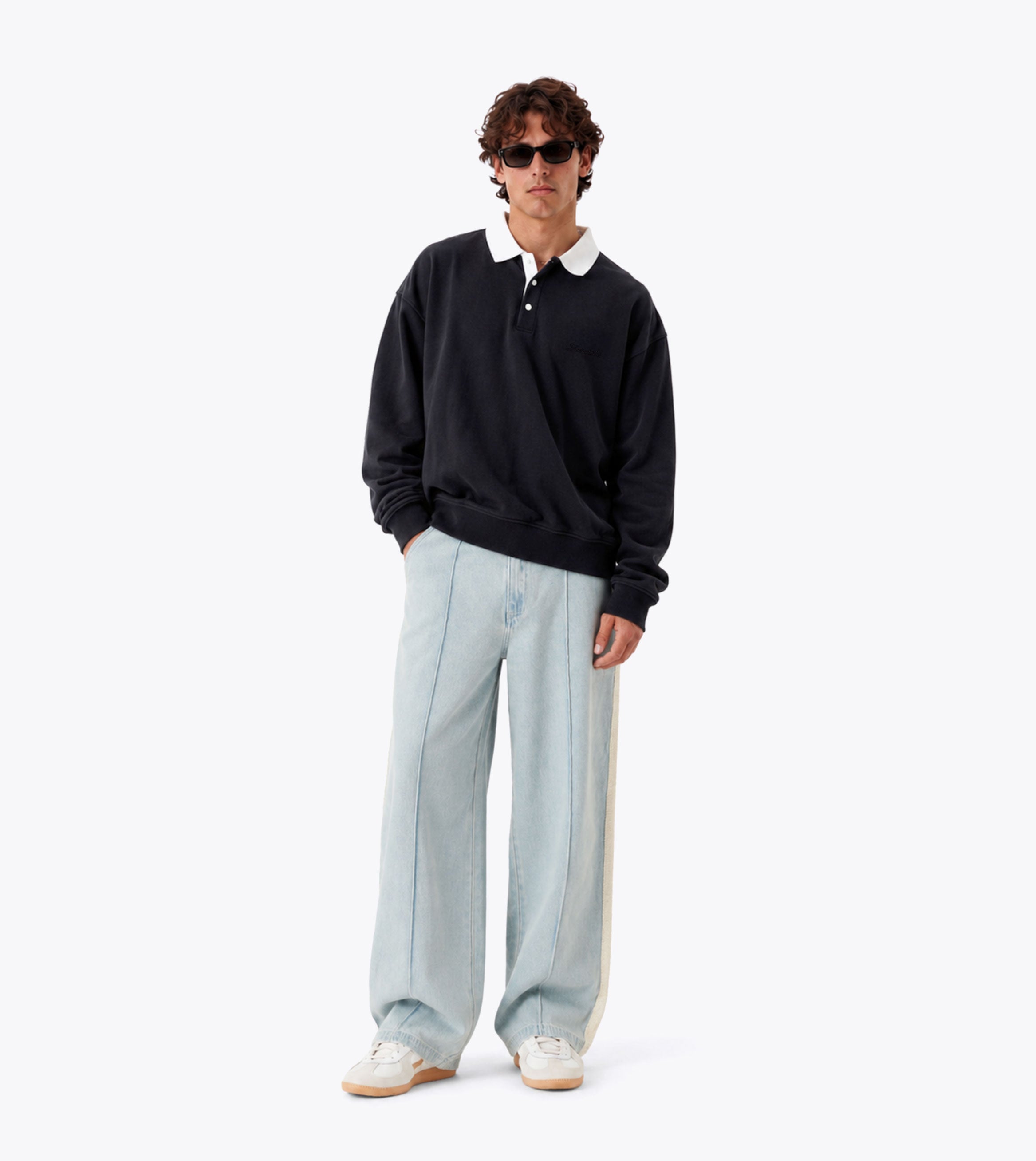 Box Crop Fleece LS Polo Vintage Black