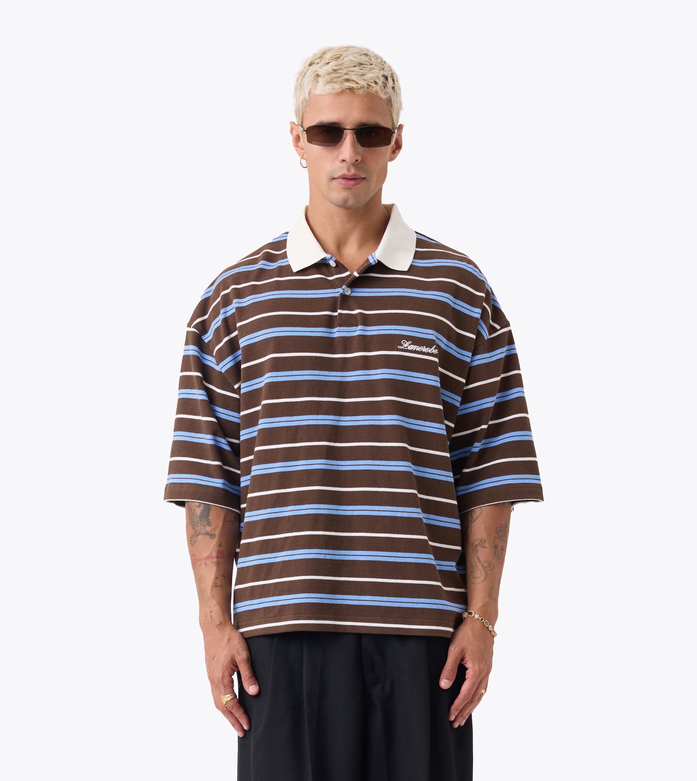 Box Crop Polo Choc/Sky Blue