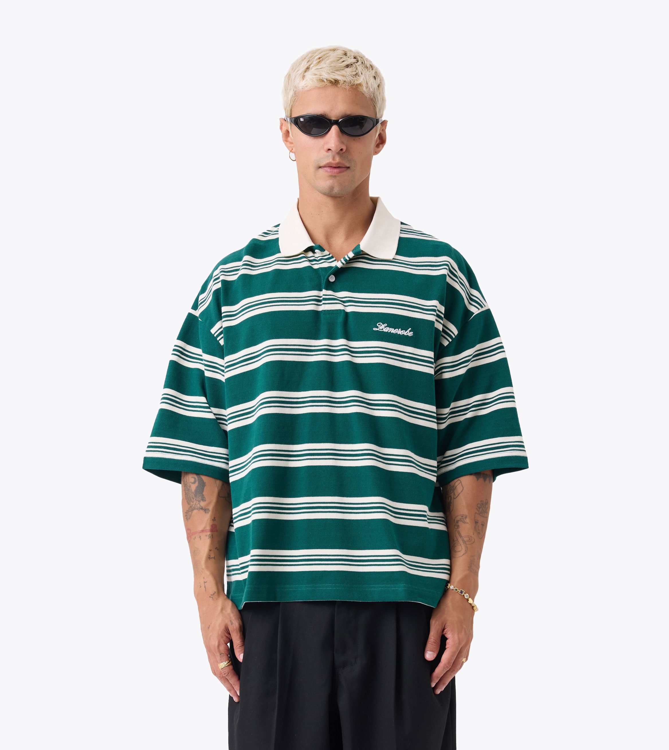 Box Crop Polo Forest Stripe