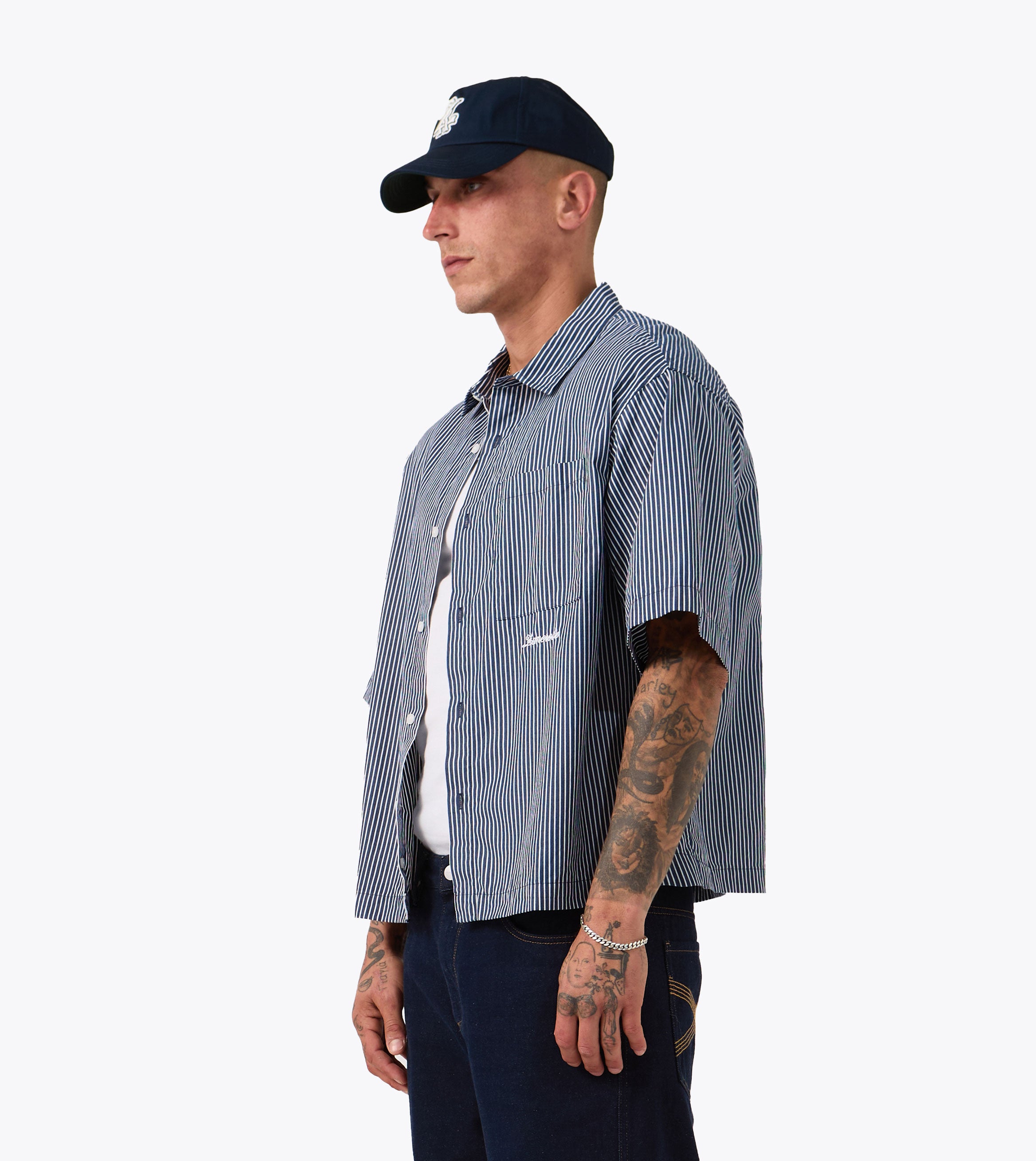 Box Crop Shirt Navy Stripe