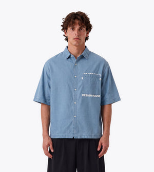 Overlap Denim Crop Shirt Mid Blue