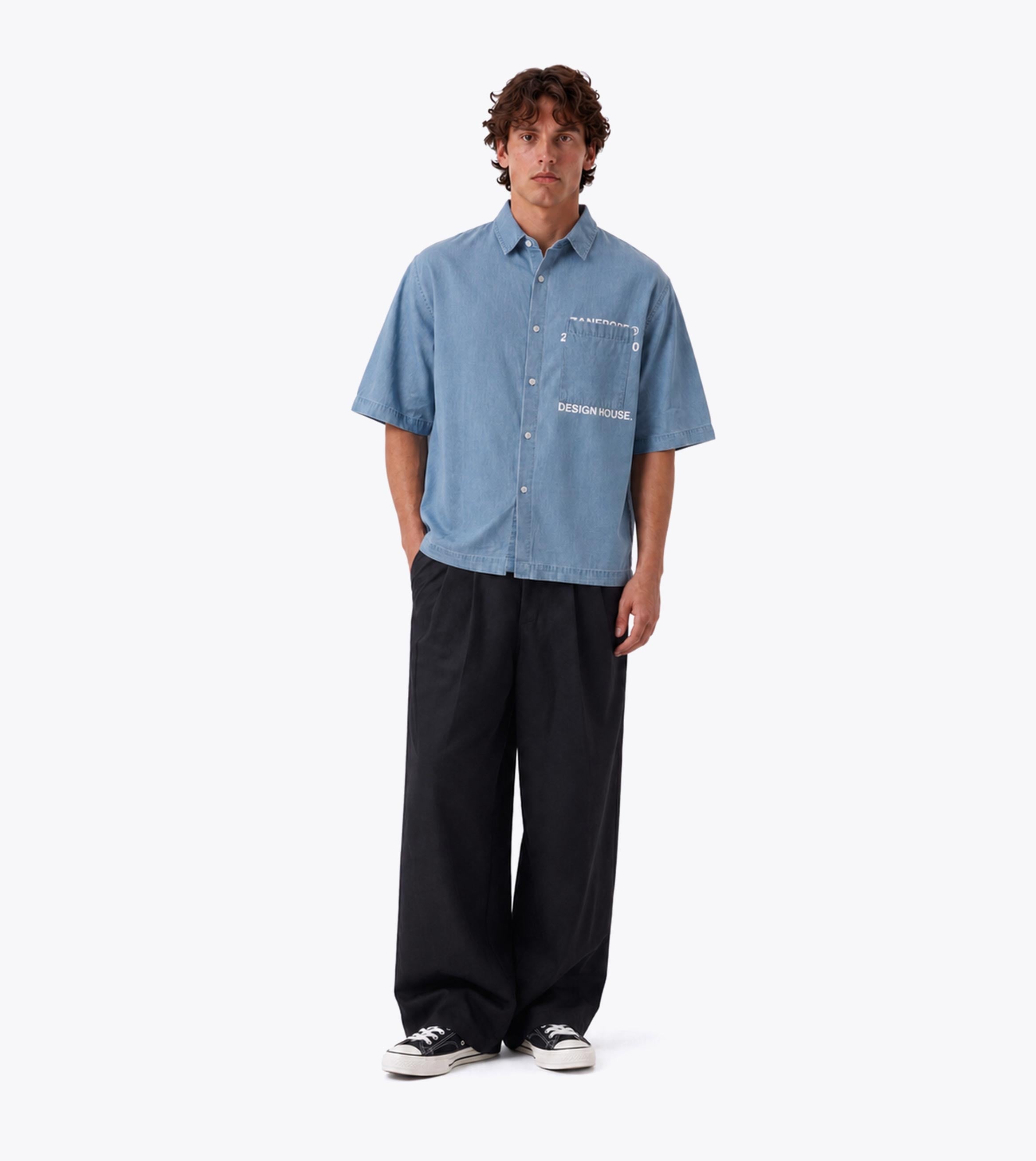 Overlap Denim Crop Shirt Mid Blue
