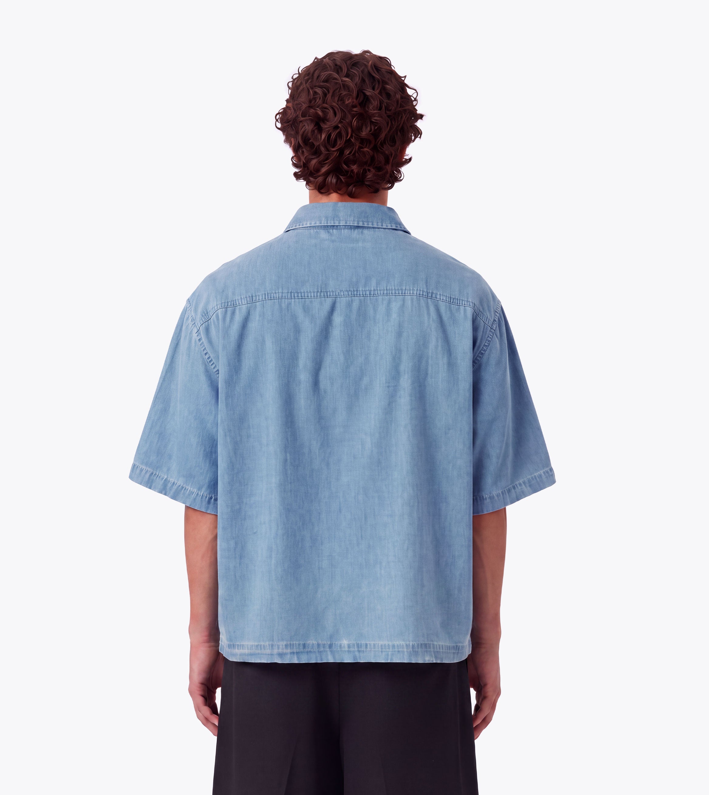 Overlap Denim Crop Shirt Mid Blue