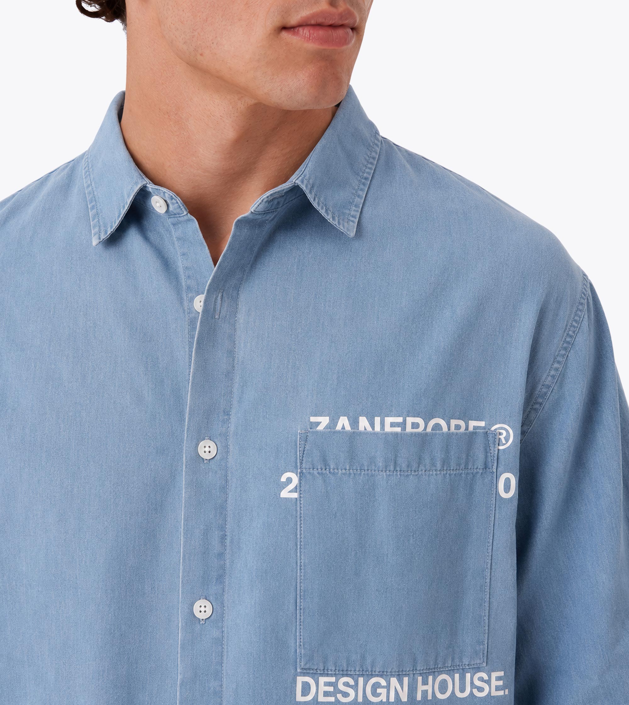 Overlap Denim Crop Shirt Mid Blue