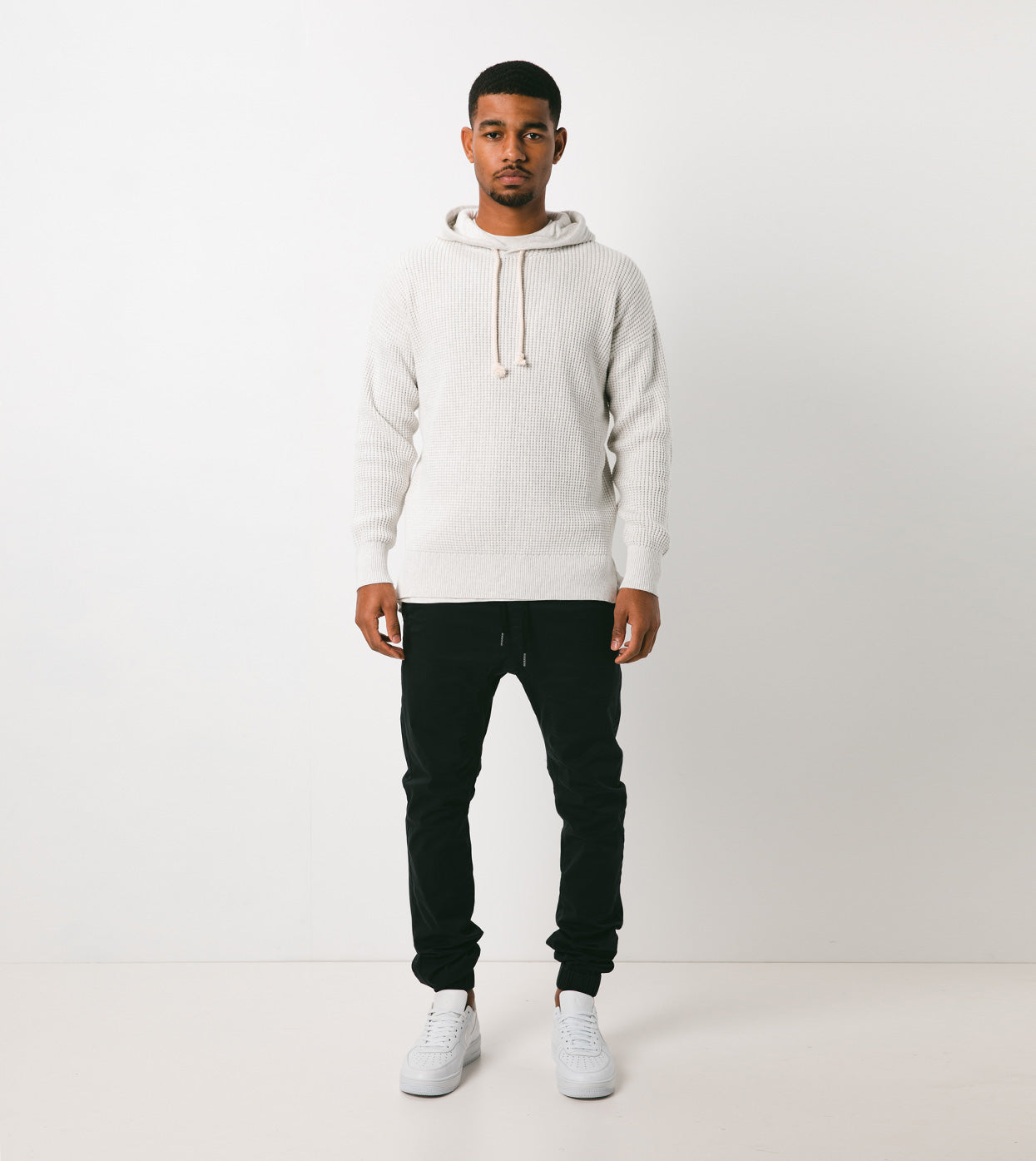 Waffle Hood Knit White Marle - Sale