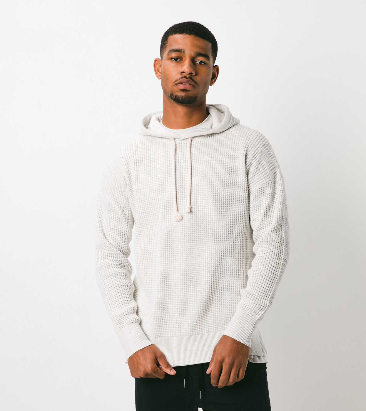 Waffle Hood Knit White Marle - Sale