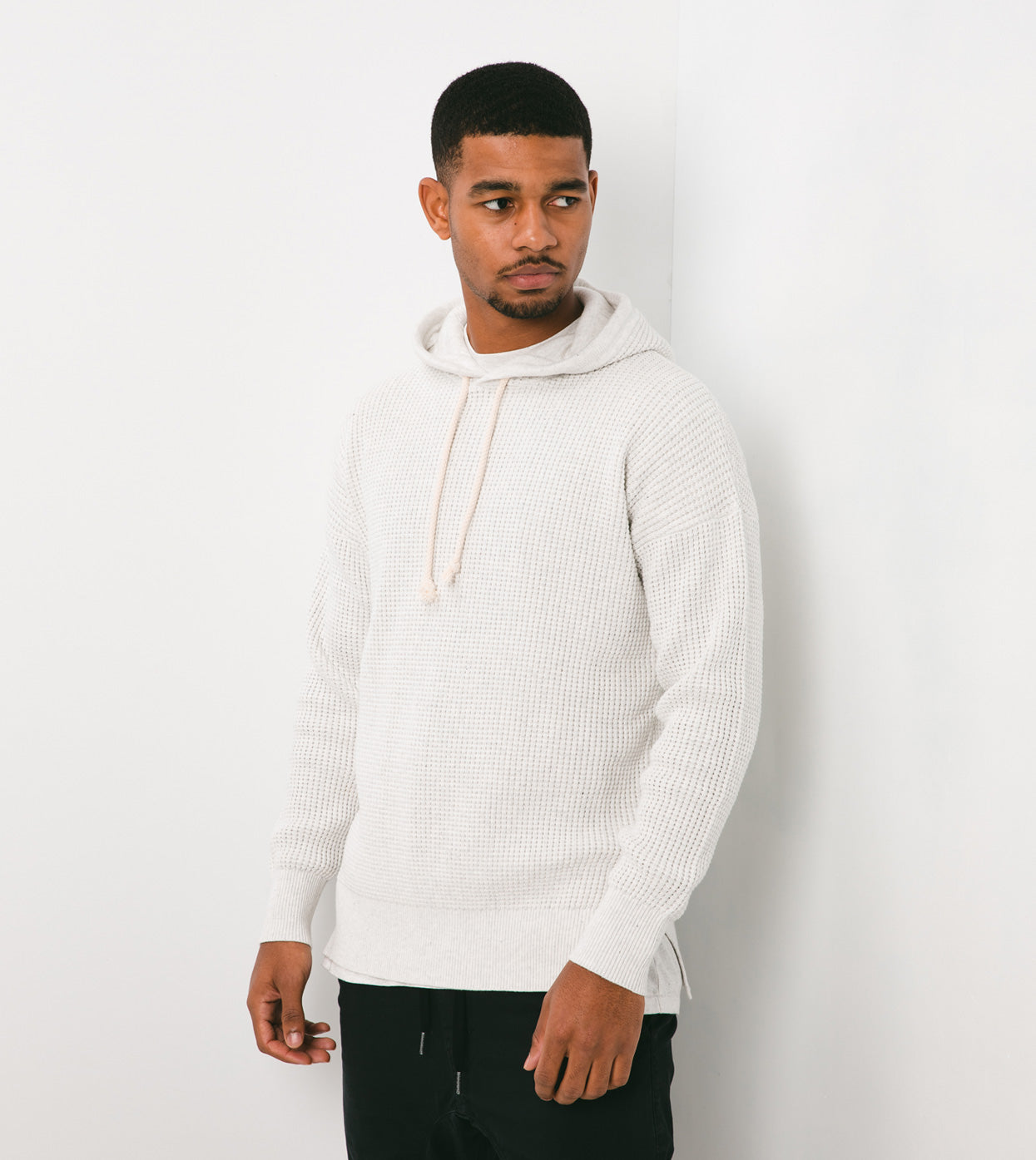 Waffle Hood Knit White Marle - Sale